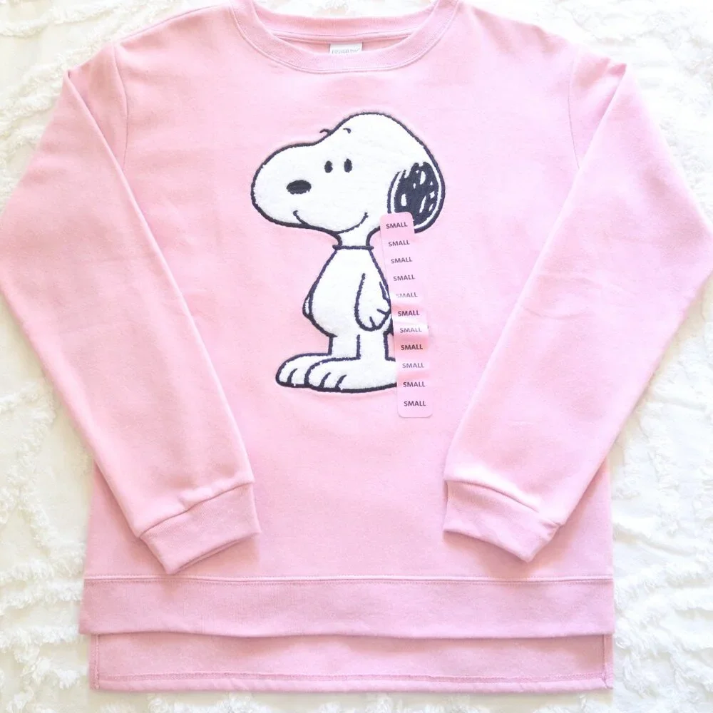 Peanuts | Snoopy Chenille Embroidered Patch Soft Fleece Pink Sweatshirt NWT | S - Picture 11 of 13